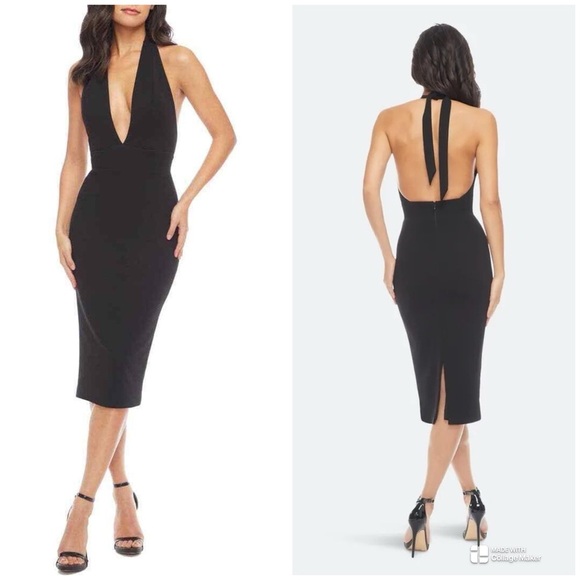 Dress the Population Black Vanessa Halter Open Back Sleek Midi Dress New - Picture 1 of 8